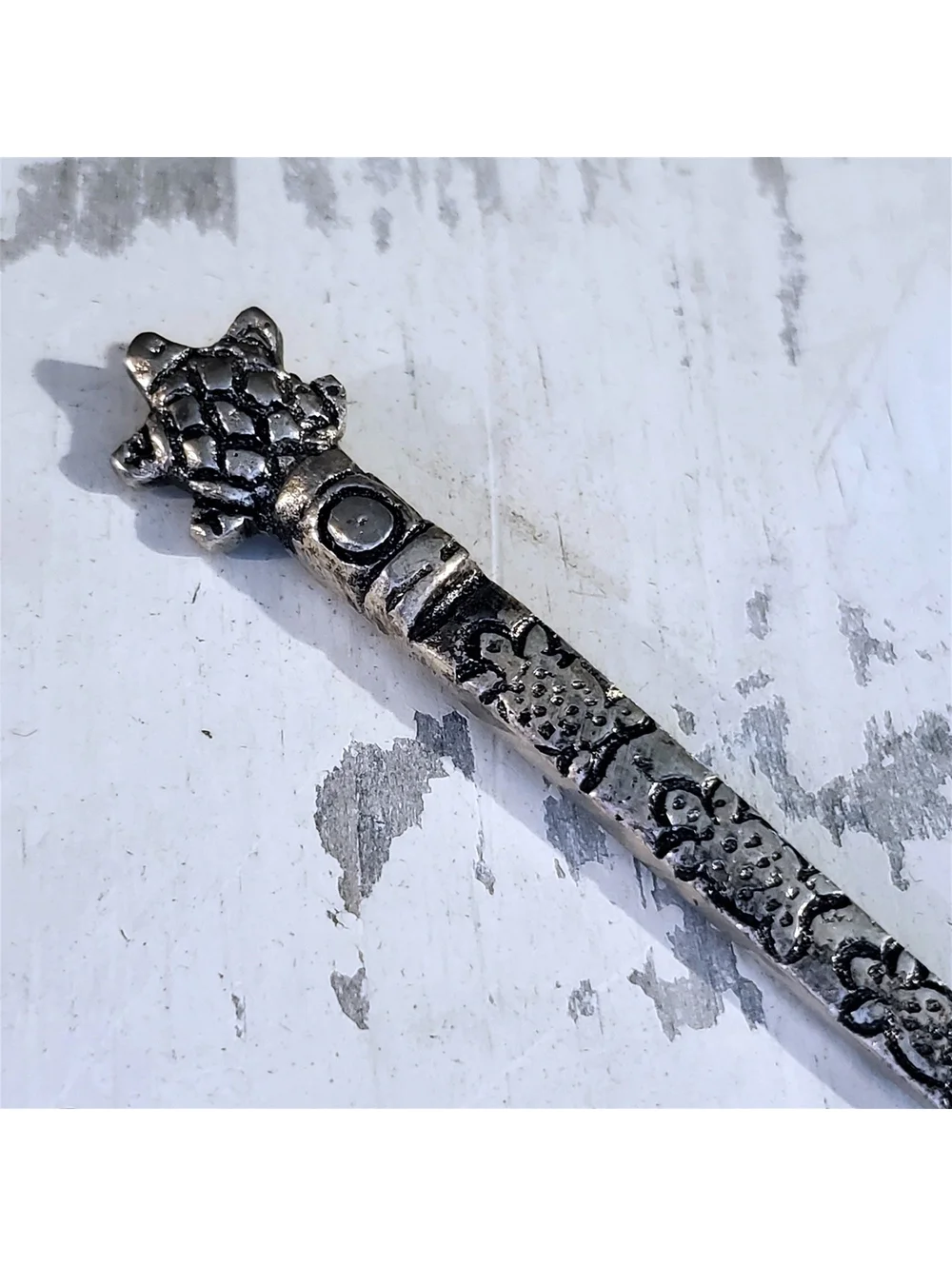 Tribal Art Carved Antiqued Silver Plated Brass Long Hair Stick